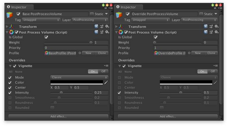 Unity inspector screenshot comparing Base Volume/Profile with Override Volume/Profile